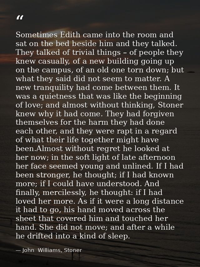 Sometimes Edith came into the room and sat on the bed beside him and they talked. They talked of trivial things – of peo — John  Williams, Stoner