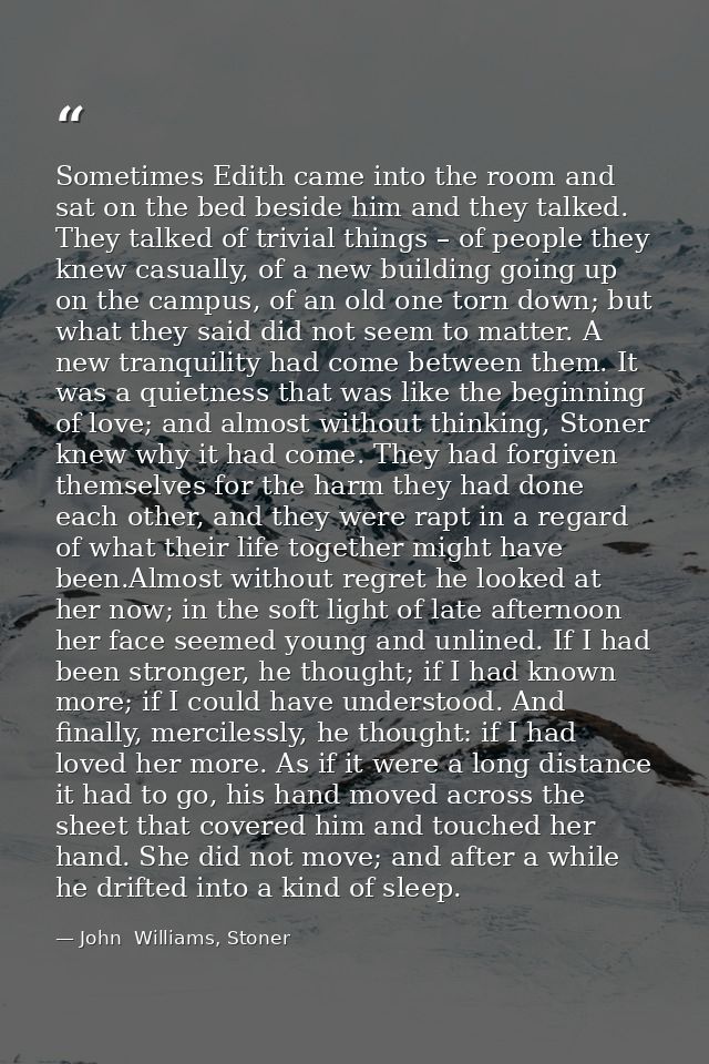 Sometimes Edith came into the room and sat on the bed beside him and they talked. They talked of trivial things – of peo — John  Williams, Stoner