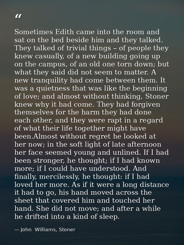 Sometimes Edith came into the room and sat on the bed beside him and they talked. They talked of trivial things – of peo — John  Williams, Stoner