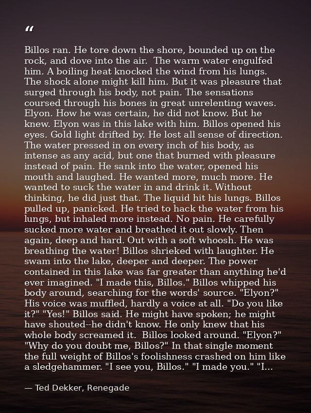 Billos ran. He tore down the shore, bounded up on the rock, and dove into the air.  The warm water engulfed him. A boili — Ted Dekker, Renegade