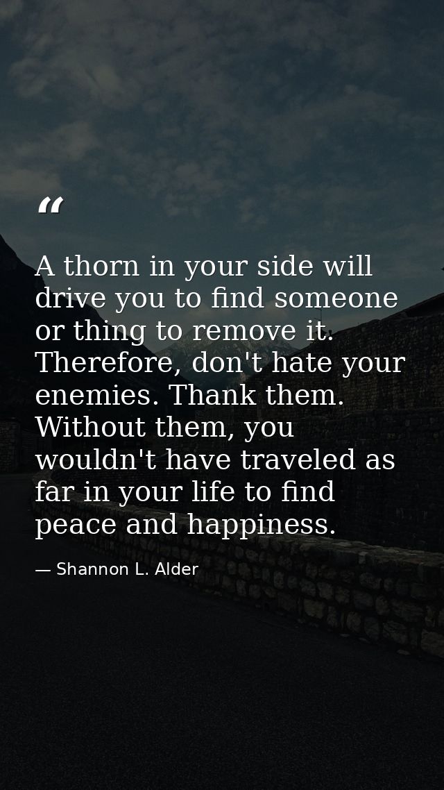 A thorn in your side will drive you to find someone or thing to remove it. Therefore, don't hate your enemies. Thank the — Shannon L. Alder