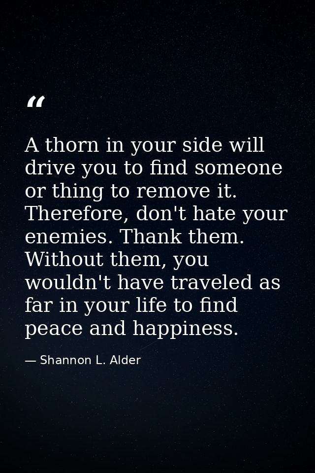 A thorn in your side will drive you to find someone or thing to remove it. Therefore, don't hate your enemies. Thank the — Shannon L. Alder