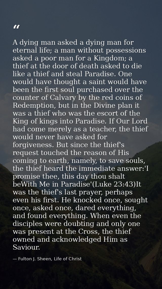 A dying man asked a dying man for eternal life; a man without possessions asked a poor man for a Kingdom; a thief at the — Fulton J. Sheen, Life of Christ