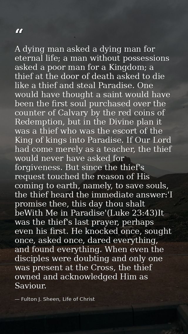 A dying man asked a dying man for eternal life; a man without possessions asked a poor man for a Kingdom; a thief at the — Fulton J. Sheen, Life of Christ