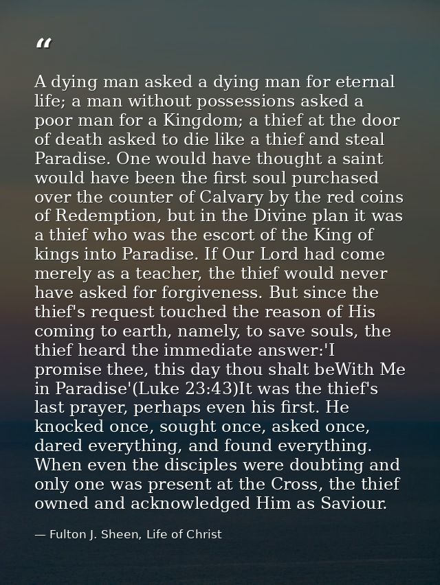 A dying man asked a dying man for eternal life; a man without possessions asked a poor man for a Kingdom; a thief at the — Fulton J. Sheen, Life of Christ
