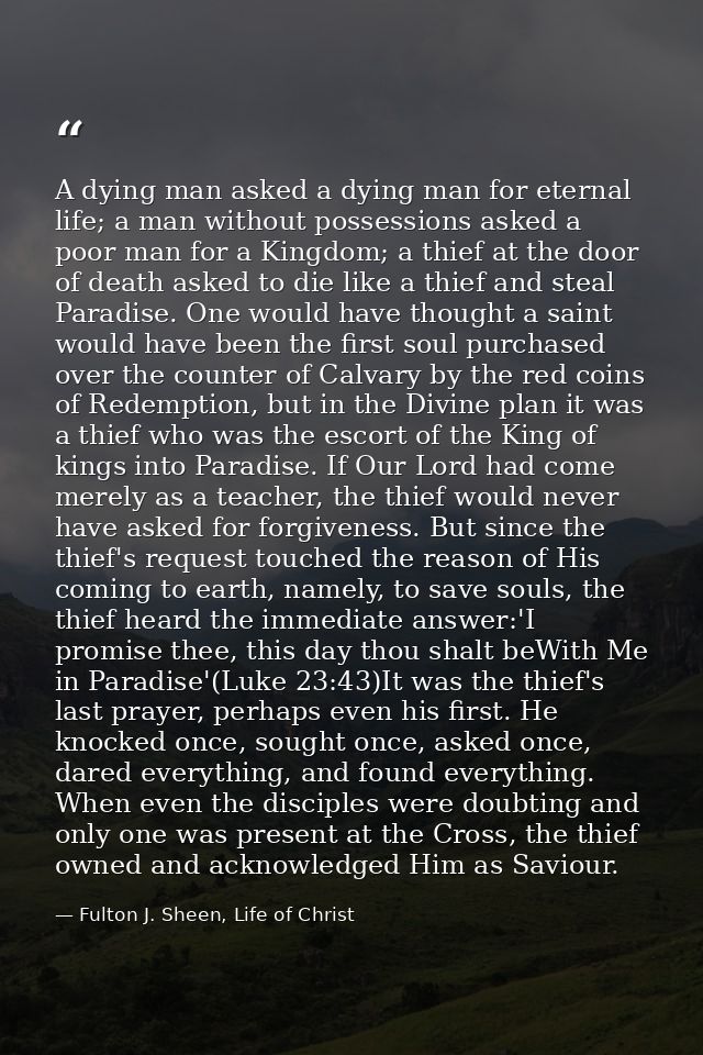A dying man asked a dying man for eternal life; a man without possessions asked a poor man for a Kingdom; a thief at the — Fulton J. Sheen, Life of Christ