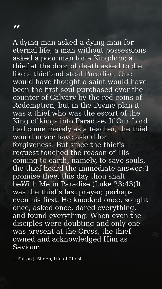 A dying man asked a dying man for eternal life; a man without possessions asked a poor man for a Kingdom; a thief at the — Fulton J. Sheen, Life of Christ