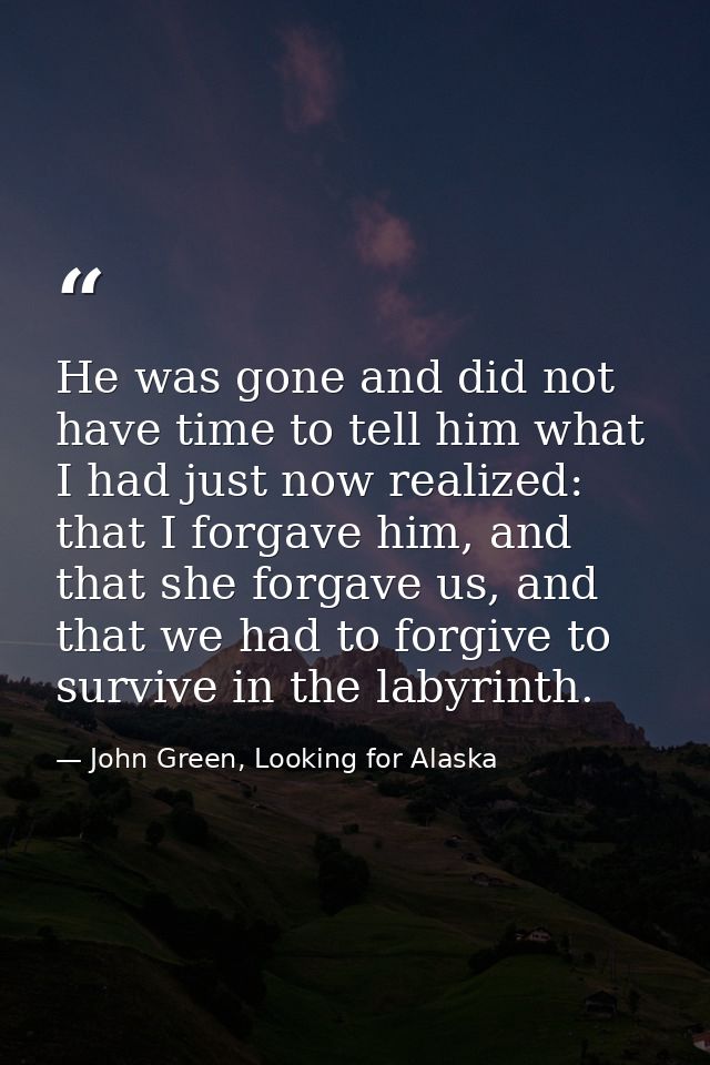 He was gone and did not have time to tell him what I had just now realized: that I forgave him, and that she forgave us, — John Green, Looking for Alaska