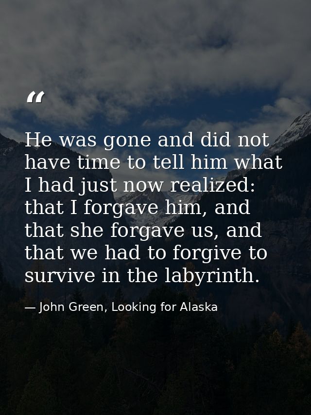 He was gone and did not have time to tell him what I had just now realized: that I forgave him, and that she forgave us, — John Green, Looking for Alaska