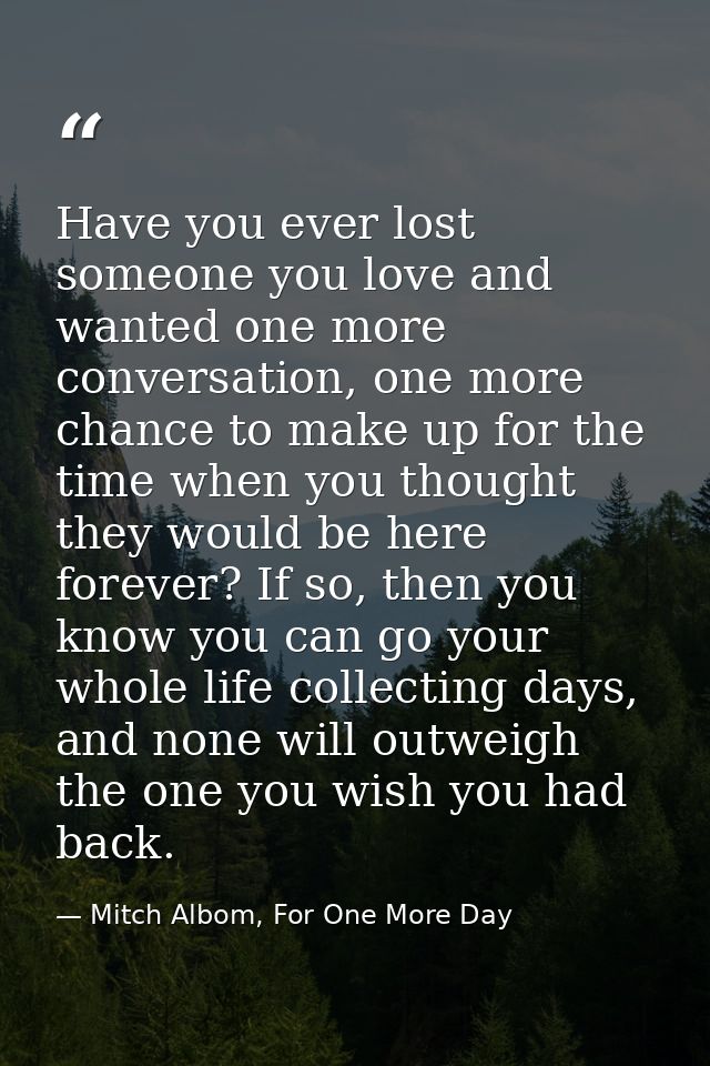 Have you ever lost someone you love and wanted one more conversation, one more chance to make up for the time when you t — Mitch Albom, For One More Day