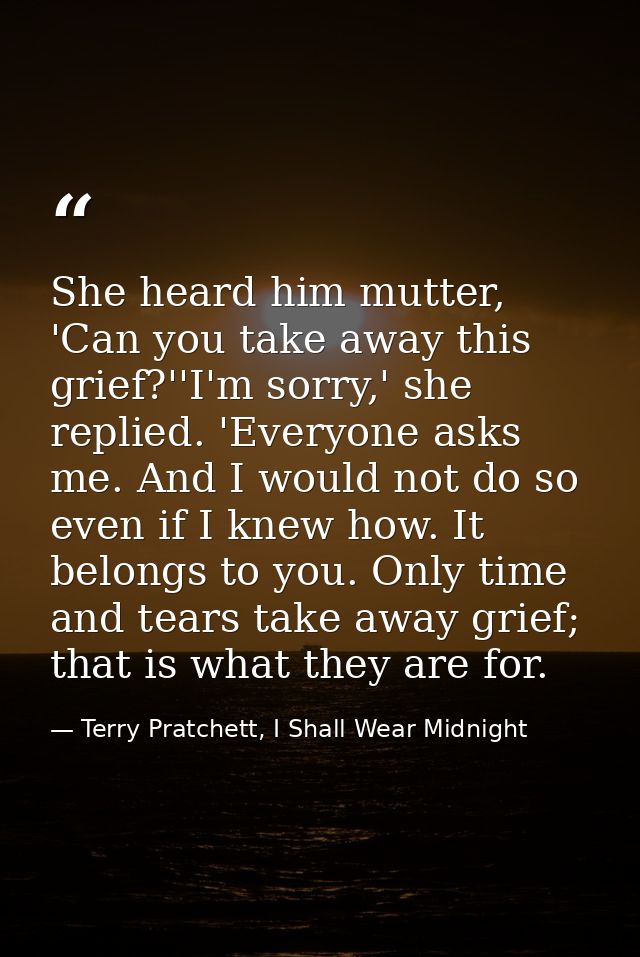 She heard him mutter, 'Can you take away this grief?''I'm sorry,' she replied. 'Everyone asks me. And I would not do so  — Terry Pratchett, I Shall Wear Midnight