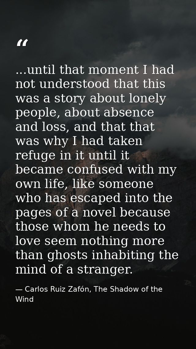 ...until that moment I had not understood that this was a story about lonely people, about absence and loss, and that th — Carlos Ruiz Zafón, The Shadow of the Wind