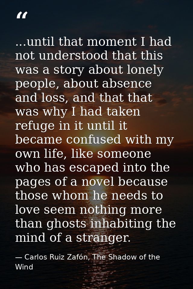 ...until that moment I had not understood that this was a story about lonely people, about absence and loss, and that th — Carlos Ruiz Zafón, The Shadow of the Wind