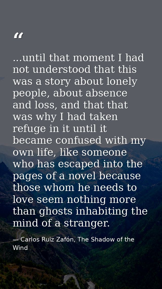 ...until that moment I had not understood that this was a story about lonely people, about absence and loss, and that th — Carlos Ruiz Zafón, The Shadow of the Wind