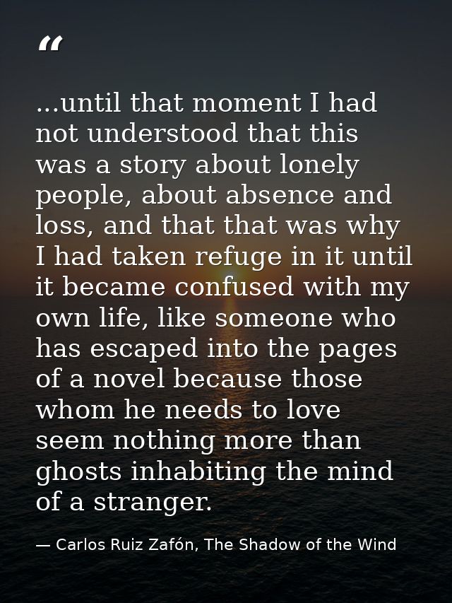 ...until that moment I had not understood that this was a story about lonely people, about absence and loss, and that th — Carlos Ruiz Zafón, The Shadow of the Wind