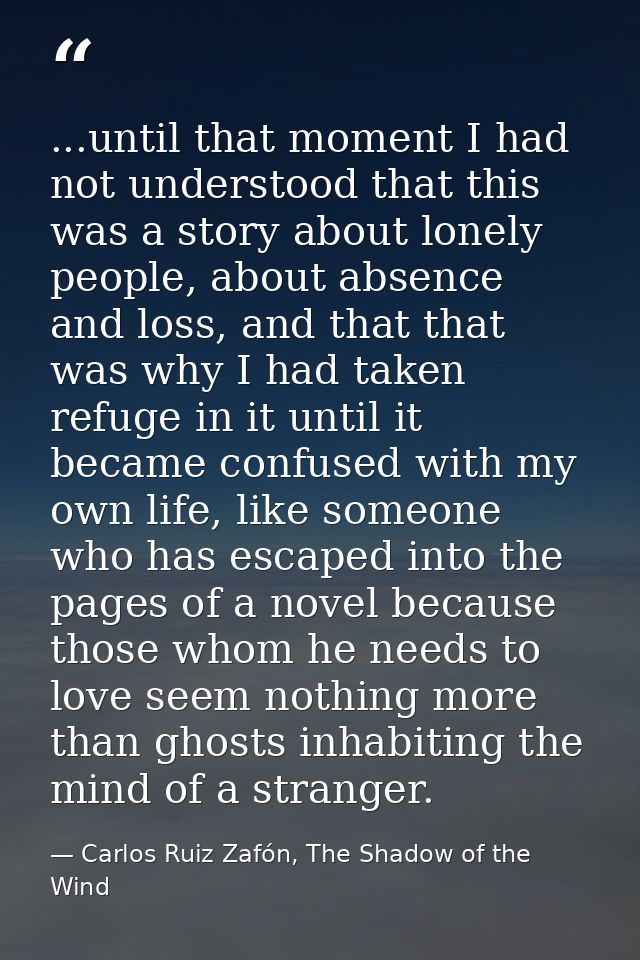 ...until that moment I had not understood that this was a story about lonely people, about absence and loss, and that th — Carlos Ruiz Zafón, The Shadow of the Wind