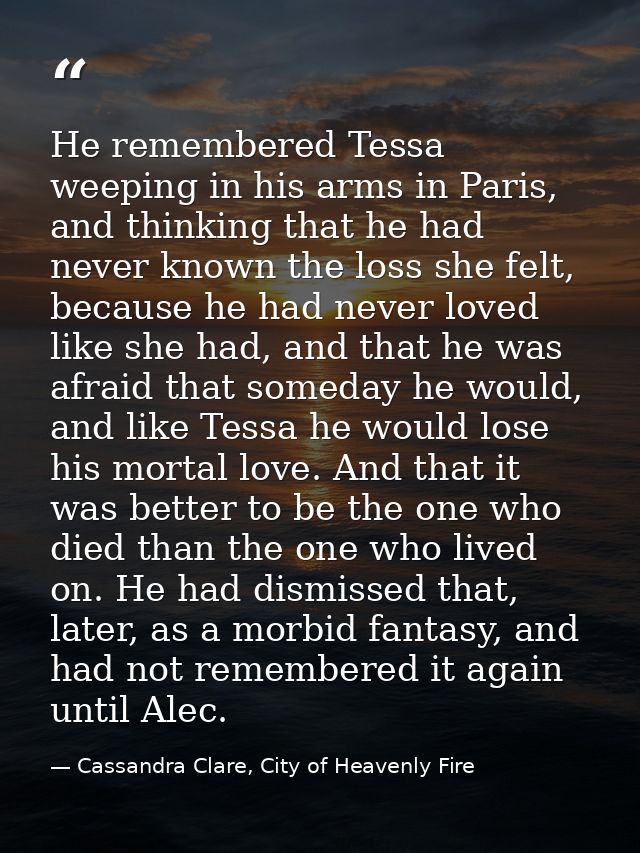He remembered Tessa weeping in his arms in Paris, and thinking that he had never known the loss she felt, because he had — Cassandra Clare, City of Heavenly Fire