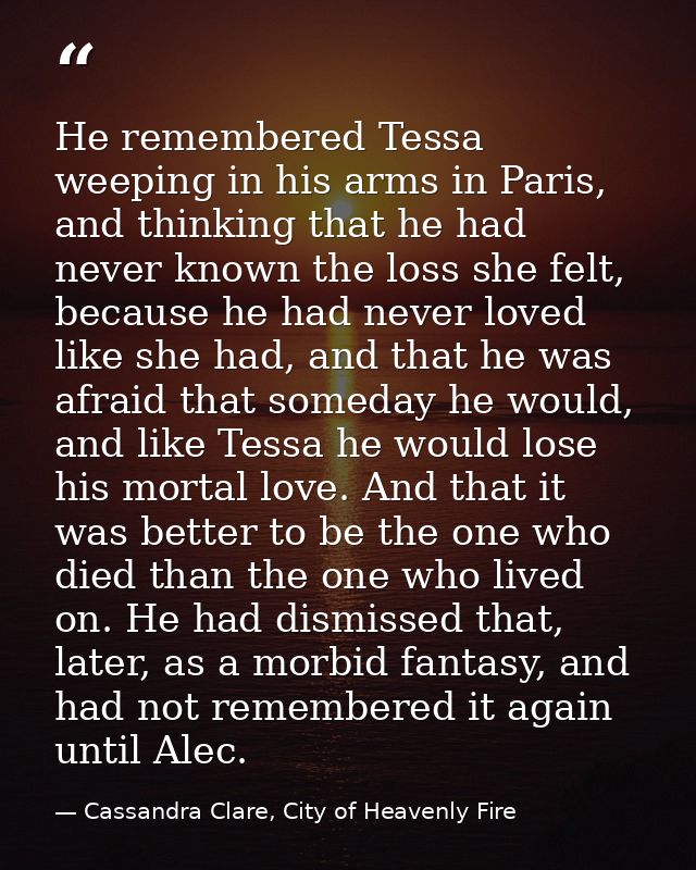 He remembered Tessa weeping in his arms in Paris, and thinking that he had never known the loss she felt, because he had — Cassandra Clare, City of Heavenly Fire