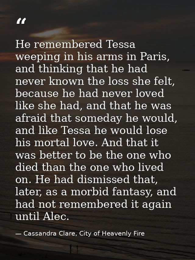 He remembered Tessa weeping in his arms in Paris, and thinking that he had never known the loss she felt, because he had — Cassandra Clare, City of Heavenly Fire