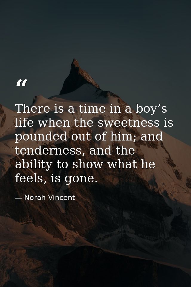 There is a time in a boy’s life when the sweetness is pounded out of him; and tenderness, and the ability to show what h — Norah Vincent