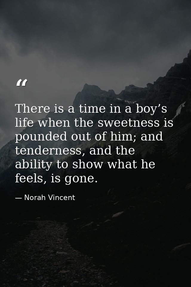 There is a time in a boy’s life when the sweetness is pounded out of him; and tenderness, and the ability to show what h — Norah Vincent
