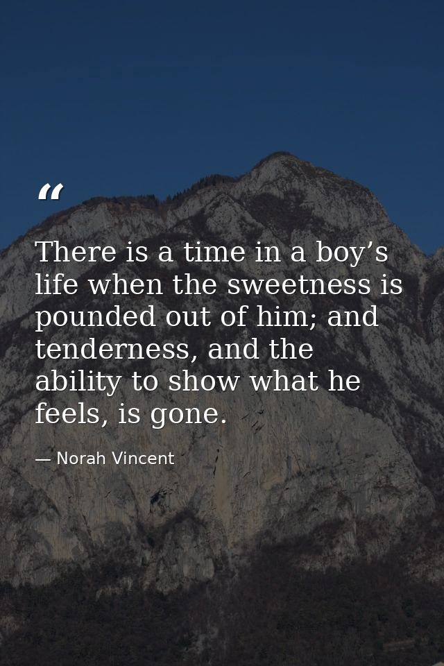 There is a time in a boy’s life when the sweetness is pounded out of him; and tenderness, and the ability to show what h — Norah Vincent