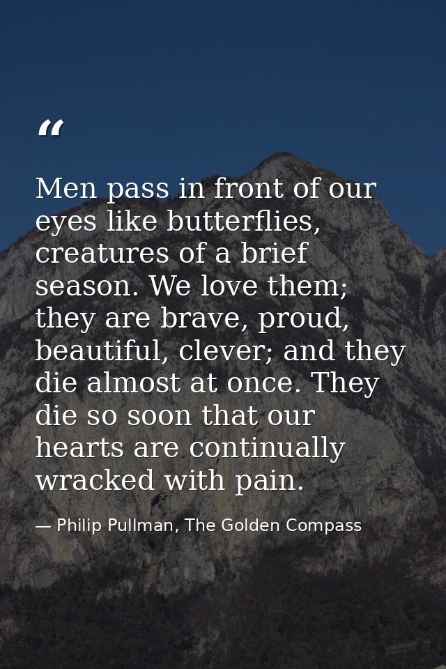 Men pass in front of our eyes like butterflies, creatures of a brief season. We love them; they are brave, proud, beauti — Philip Pullman, The Golden Compass