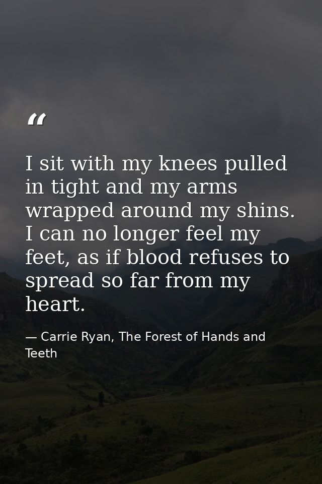 I sit with my knees pulled in tight and my arms wrapped around my shins. I can no longer feel my feet, as if blood refus — Carrie Ryan, The Forest of Hands and Teeth