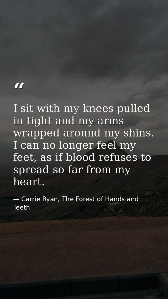 I sit with my knees pulled in tight and my arms wrapped around my shins. I can no longer feel my feet, as if blood refus — Carrie Ryan, The Forest of Hands and Teeth