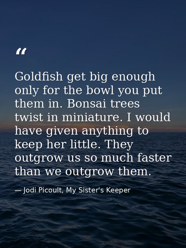 Goldfish get big enough only for the bowl you put them in. Bonsai trees twist in miniature. I would have given anything  — Jodi Picoult, My Sister's Keeper