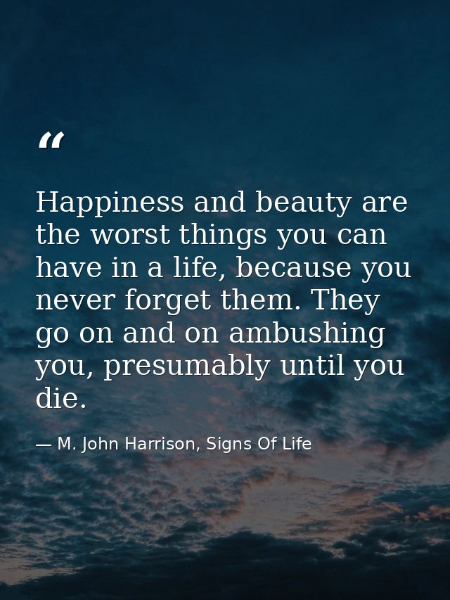 Happiness and beauty are the worst things you can have in a life, because you never forget them. They go on and on ambus — M. John Harrison, Signs Of Life