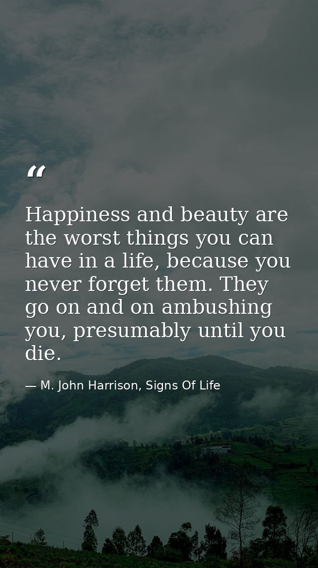 Happiness and beauty are the worst things you can have in a life, because you never forget them. They go on and on ambus — M. John Harrison, Signs Of Life