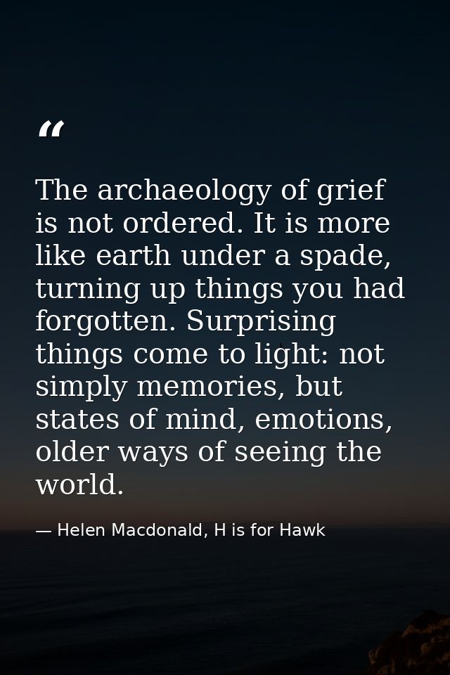 The archaeology of grief is not ordered. It is more like earth under a spade, turning up things you had forgotten. Surpr — Helen Macdonald, H is for Hawk