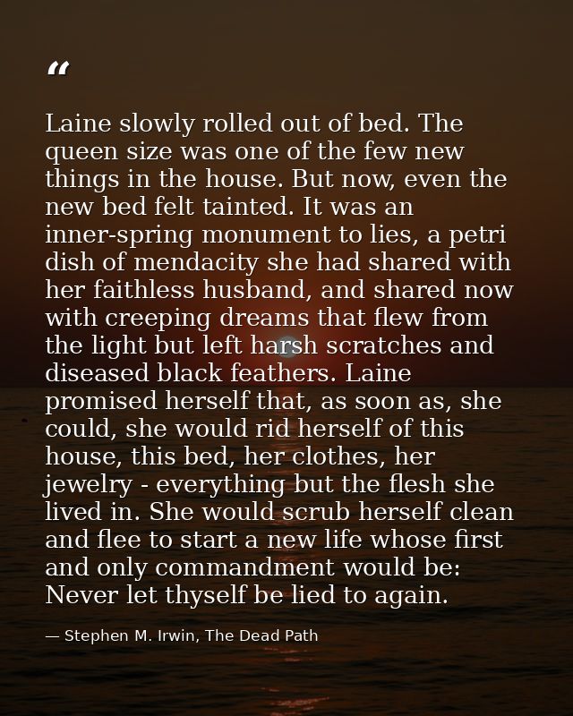 Laine slowly rolled out of bed. The queen size was one of the few new things in the house. But now, even the new bed fel — Stephen M. Irwin, The Dead Path