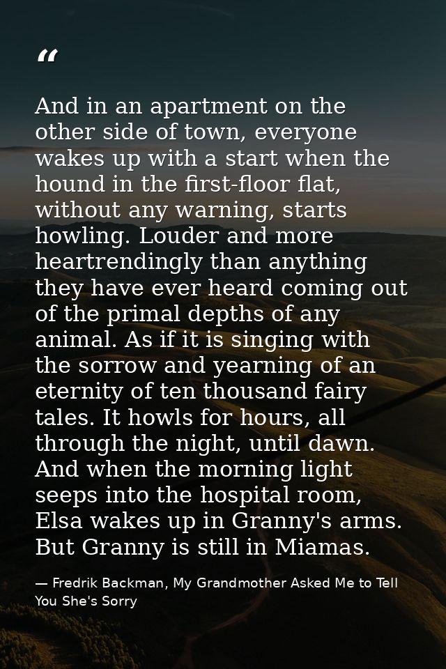 And in an apartment on the other side of town, everyone wakes up with a start when the hound in the first-floor flat, wi — Fredrik Backman, My Grandmother Asked Me to Tell You She's Sorry