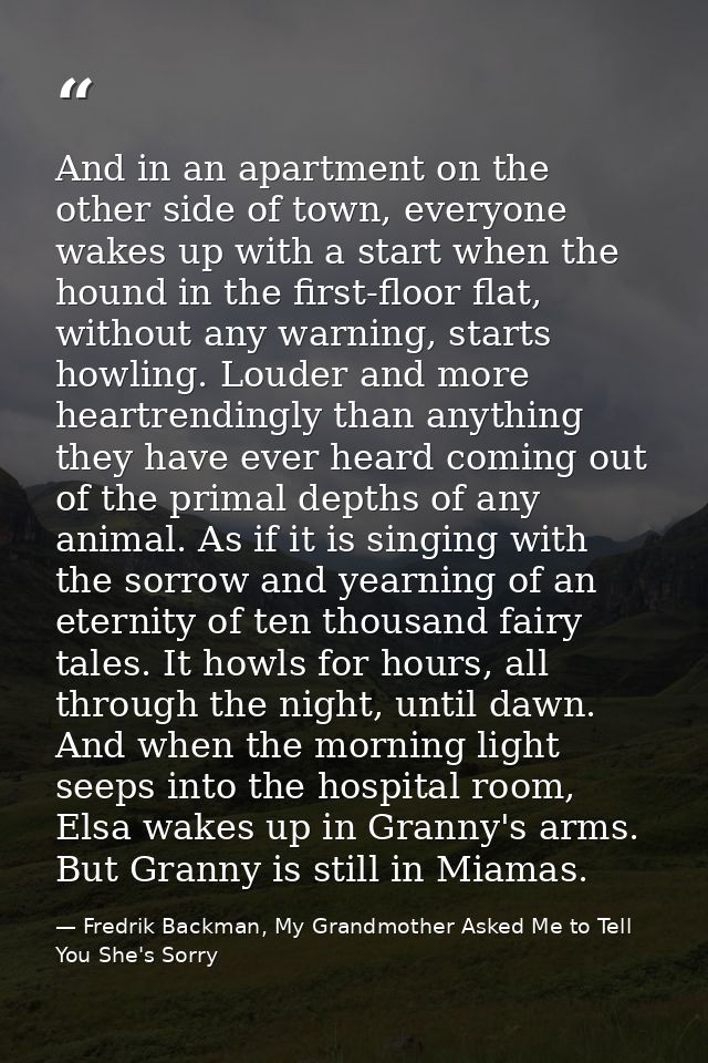 And in an apartment on the other side of town, everyone wakes up with a start when the hound in the first-floor flat, wi — Fredrik Backman, My Grandmother Asked Me to Tell You She's Sorry