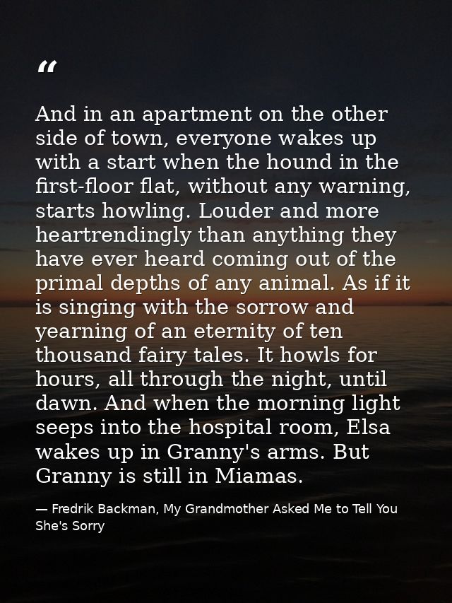 And in an apartment on the other side of town, everyone wakes up with a start when the hound in the first-floor flat, wi — Fredrik Backman, My Grandmother Asked Me to Tell You She's Sorry