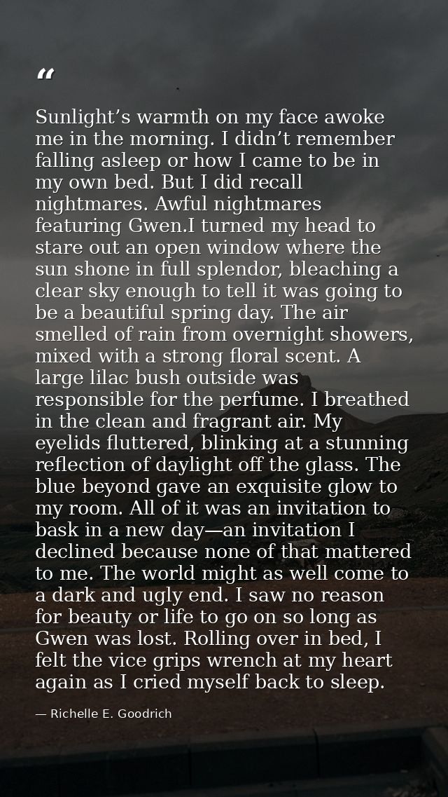 Sunlight’s warmth on my face awoke me in the morning. I didn’t remember falling asleep or how I came to be in my own bed — Richelle E. Goodrich