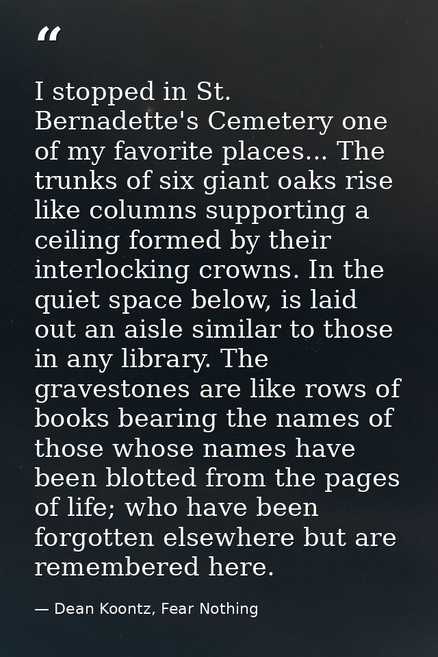 I stopped in St. Bernadette's Cemetery one of my favorite places... The trunks of six giant oaks rise like columns suppo — Dean Koontz, Fear Nothing
