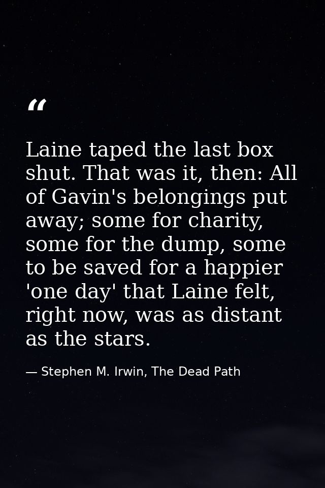 Laine taped the last box shut. That was it, then: All of Gavin's belongings put away; some for charity, some for the dum — Stephen M. Irwin, The Dead Path