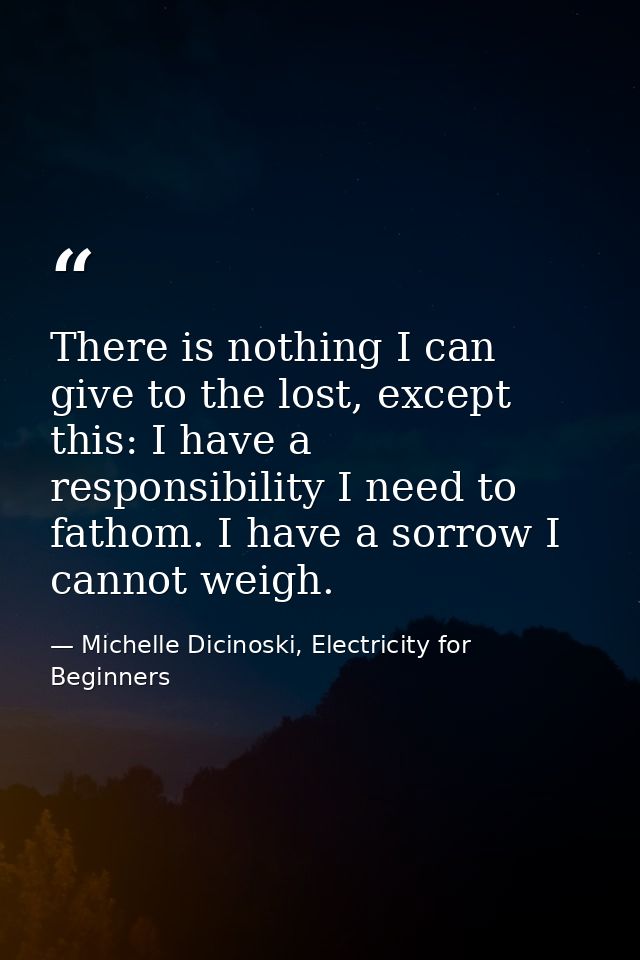 There is nothing I can give to the lost, except this: I have a responsibility I need to fathom. I have a sorrow I cannot — Michelle Dicinoski, Electricity for Beginners