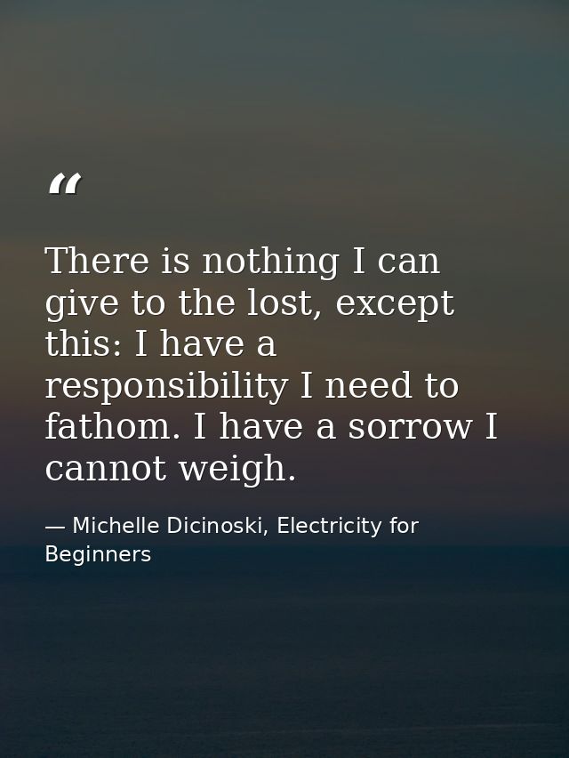 There is nothing I can give to the lost, except this: I have a responsibility I need to fathom. I have a sorrow I cannot — Michelle Dicinoski, Electricity for Beginners