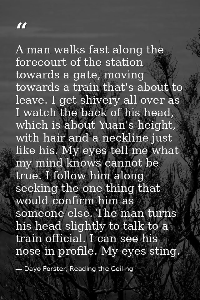A man walks fast along the forecourt of the station towards a gate, moving towards a train that's about to leave. I get  — Dayo Forster, Reading the Ceiling