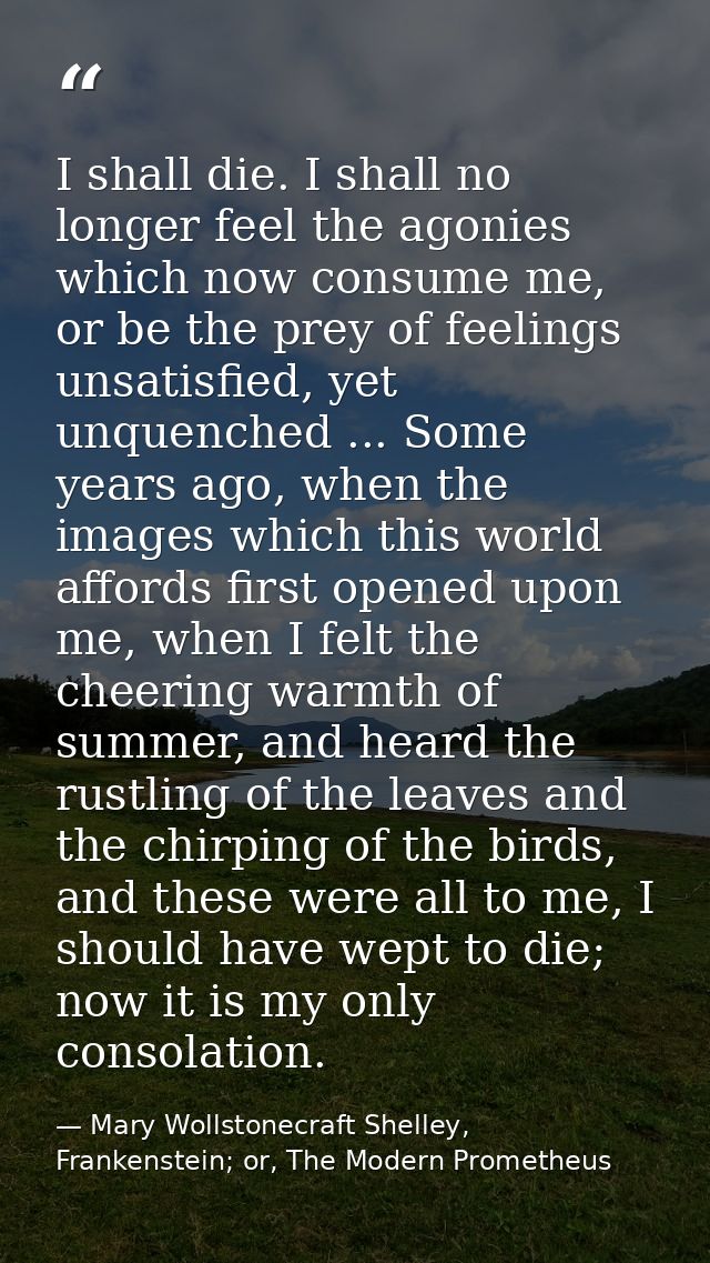 I shall die. I shall no longer feel the agonies which now consume me, or be the prey of feelings unsatisfied, yet unquen — Mary Wollstonecraft Shelley, Frankenstein; or, The Modern Prometheus