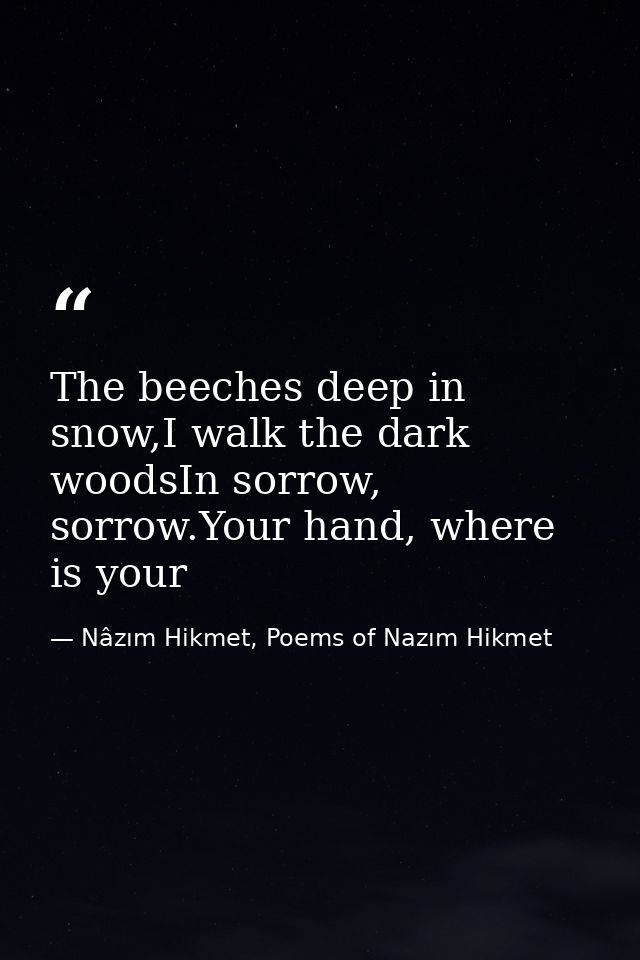 The beeches deep in snow,I walk the dark woodsIn sorrow, sorrow.Your hand, where is your — Nâzım Hikmet, Poems of Nazım Hikmet