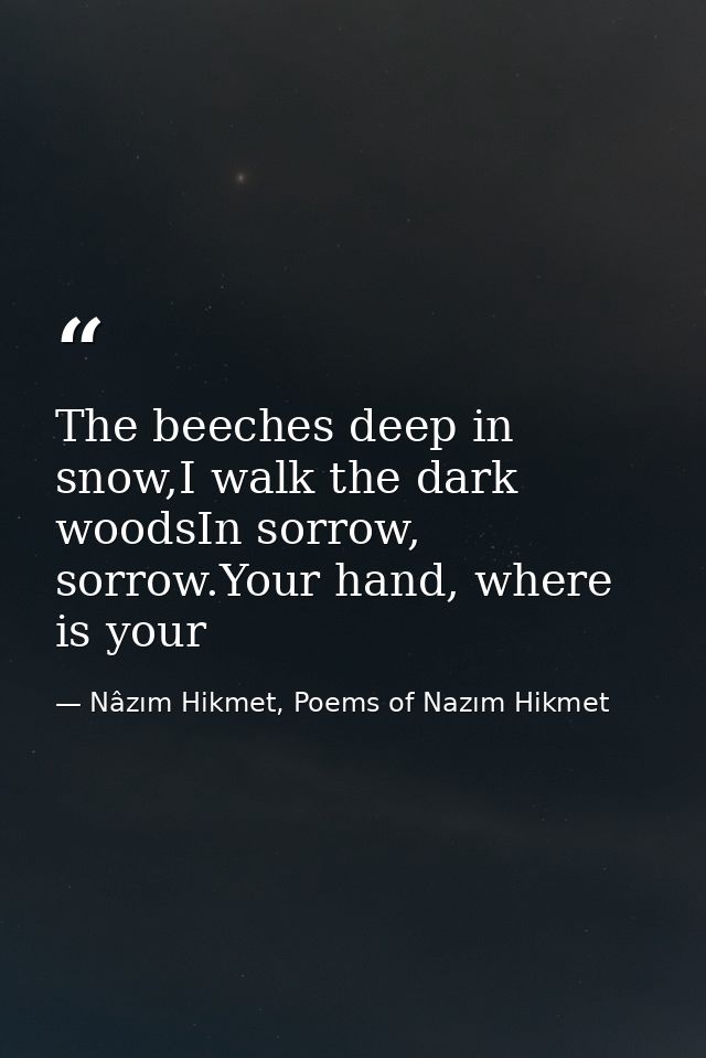 The beeches deep in snow,I walk the dark woodsIn sorrow, sorrow.Your hand, where is your — Nâzım Hikmet, Poems of Nazım Hikmet