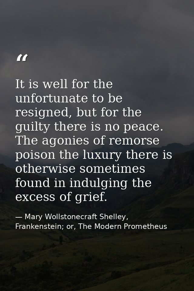 It is well for the unfortunate to be resigned, but for the guilty there is no peace. The agonies of remorse poison the l — Mary Wollstonecraft Shelley, Frankenstein; or, The Modern Prometheus