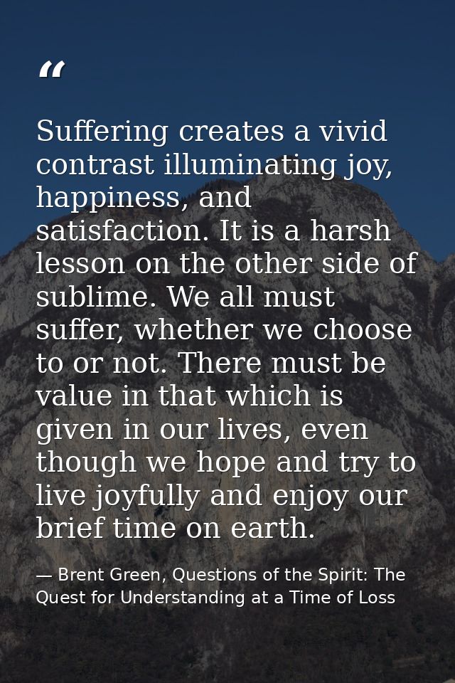 Suffering creates a vivid contrast illuminating joy, happiness, and satisfaction. It is a harsh lesson on the other side — Brent Green, Questions of the Spirit: The Quest for Understanding at a Time of Loss