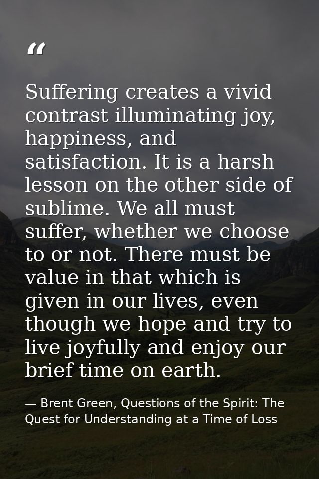 Suffering creates a vivid contrast illuminating joy, happiness, and satisfaction. It is a harsh lesson on the other side — Brent Green, Questions of the Spirit: The Quest for Understanding at a Time of Loss