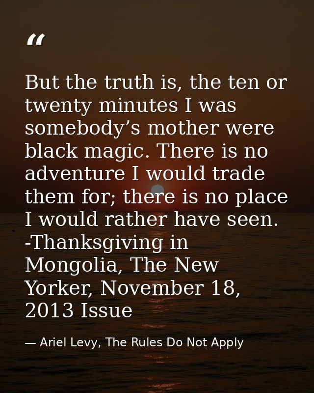 But the truth is, the ten or twenty minutes I was somebody’s mother were black magic. There is no adventure I would trad — Ariel Levy, The Rules Do Not Apply